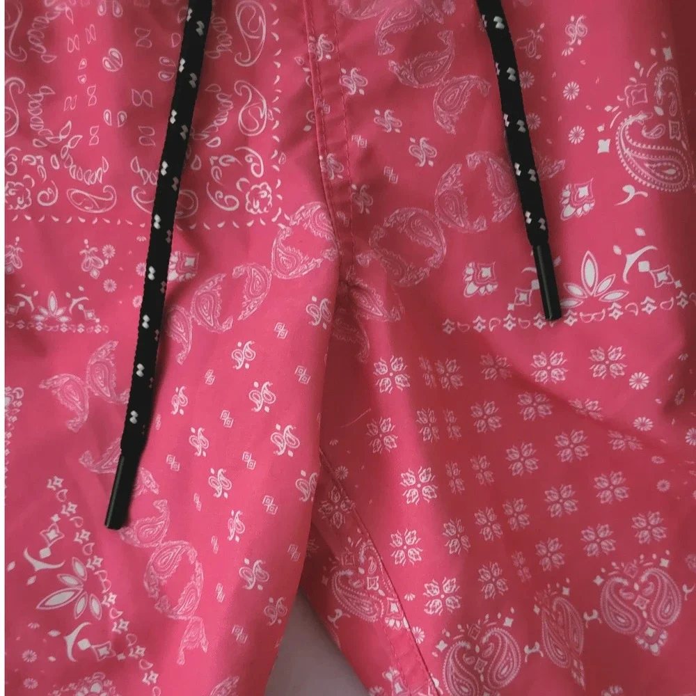 Distortion Mens XL Swim Trunks Shorts Pink Bandana Print‎ Elastic Waist Country